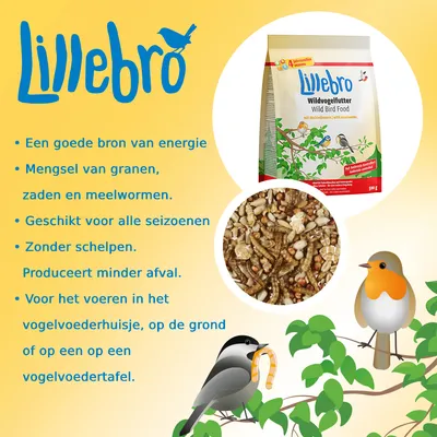 Lillebro Wildvogelfutter Wild Bird Food, mengsel van granen, zaden en meelwormen. Zonder schelpen, geschikt voor alle seizoenen. 500 g verpakking zichtbaar.