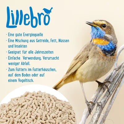 Lillebro. Eine gute Energiequelle aus Getreide, Fett, Nüssen und Insekten. Geeignet für alle Jahreszeiten. Zum Füttern im Futterhäuschen, auf dem Boden oder auf einem Vogeltisch.