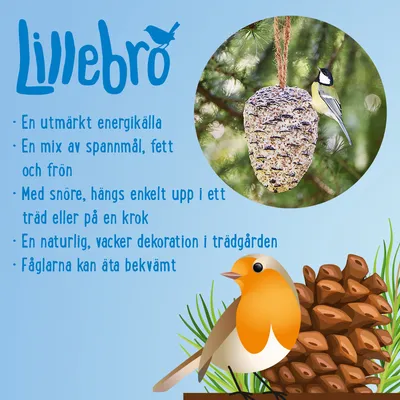 Lillebro. En utmärkt energikälla. En mix av spannmål, fett och frön. Med snöre, hängs enkelt upp i ett träd eller på en krok. En naturlig, vacker dekoration i trädgården. Fåglarna kan äta bekvämt.