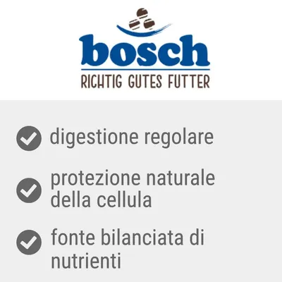 bosch RICHTIG GUTES FUTTER. digestione regolare, protezione naturale della cellula, fonte bilanciata di nutrienti. Nota: testo in parte in tedesco.