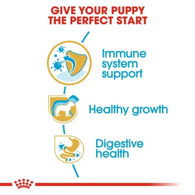 Text: Give your puppy the perfect start. Immune system support, healthy growth, digestive health. Three icons: shield with germs, puppy silhouette, stomach symbol.