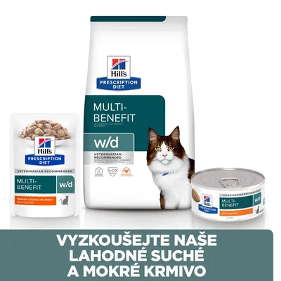 Hill's Prescription Diet Multi-Benefit w/d pro kočky, balení suchého a mokrého krmiva. Text: VYZKOUŠEJTE NAŠE LAHODNÉ SUCHÉ A MOKRÉ KRMIVO.