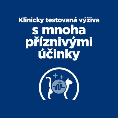 Klinicky testovaná výživa s mnoha příznivými účinky, ikona psa a kočky s medicínskými symboly