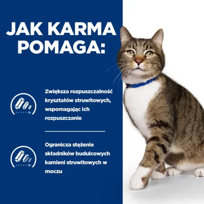 Jak karma pomaga: Zwiększa rozpuszczalność kryształów struwitowych, wspomagając ich rozpuszczanie. Ogranicza stężenie składników budulcowych kamieni struwitowych w moczu.