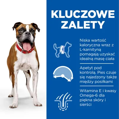 Kluczowe zalety: niska wartość kaloryczna z L-karnityną, kontrola apetytu, witamina E i kwasy Omega-6 dla skóry i sierści. Tekst w języku polskim.