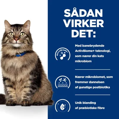 SÅDAN VIRKER DET: Med banebrydende ActivBiome+ teknologi, som nærer din kats mikrobiom. Nærer mikrobiomet, som fremmer dannelsen af gunstige postbiotika. Unik blanding af præbiotiske fibre.