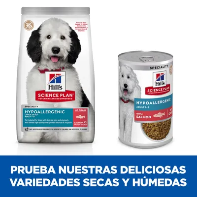 Hill's Science Plan Hypoallergenic para perros adultos, variedad seca y húmeda con salmón. Texto: Prueba nuestras deliciosas variedades secas y húmedas.