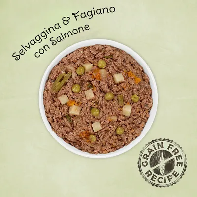 Ciotola con alimento umido per animali, visibili piselli e cubetti di verdura. Testo: Selvaggina & Fagiano con Salmone. Marchio: Grain Free Recipe.