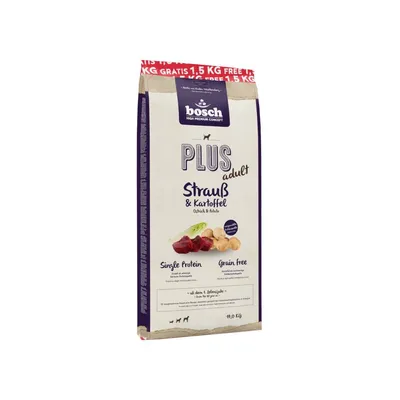 bosch PLUS adult Strauß & Kartoffel, Single Protein, Grain Free, 1,5 kg gratis, confezione da 14 kg. Testo in tedesco visibile sull'imballaggio.