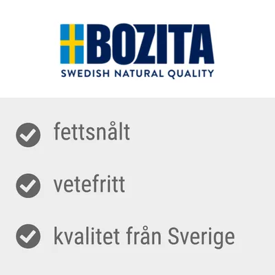 BOZITA SWEDISH NATURAL QUALITY, fettsnålt, vetefritt, kvalitet från Sverige. Texten är på svenska och engelska.