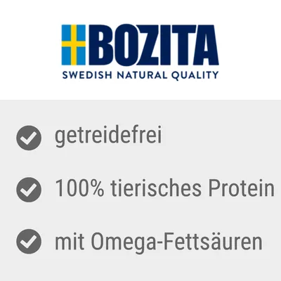 Bozita Swedish Natural Quality. Getreidefrei, 100% tierisches Protein, mit Omega-Fettsäuren.