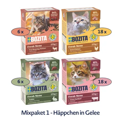 Bozita Mixpaket 1 bouchées en gelée : 6x cerf, 18x poulet, 6x lapin, 18x bœuf. Boîtes de 370g avec 84-89% de viande. Sans céréales, sucre ni colorants.