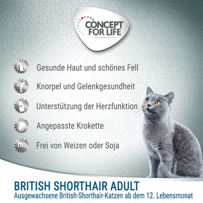 CONCEPT FOR LIFE. Gesunde Haut und schönes Fell, Knorpel und Gelenkgesundheit, Unterstützung der Herzfunktion, Angepasste Krokette, Frei von Weizen oder Soja. BRITISH SHORTHAIR ADULT.