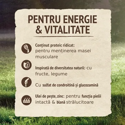 Pentru energie și vitalitate: conținut proteic ridicat, inspirată de diversitatea naturii cu fructe și legume, sulfat de condroitină și glucozamină, ulei de pește, zinc.
