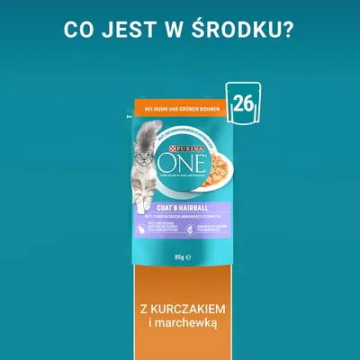 Purina ONE Coat & Hairball, 85 g, z kurczakiem i marchewką. Na opakowaniu kot, napis: Mit Huhn und grünen Bohnen, liczba 26 w ikonie saszetki.