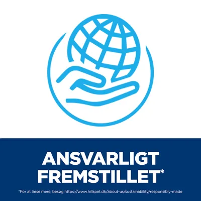 ANSVARLIGT FREMSTILLET. For at læse mere, besøg https://www.hillspet.dk/about-us/sustainability/responsibly-made