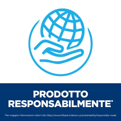 Testo: PRODOTTO RESPONSABILMENTE*. Per maggiori informazioni visita il sito https://www.hillspet.it/about-us/sustainability/responsibly-made
