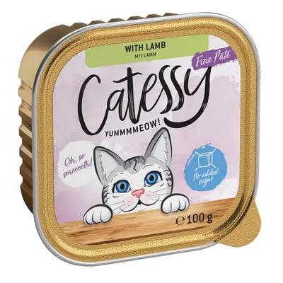 Catessy Fine Paté cu miel, 100g. Fără adaos de zahăr. Ilustrație cu o pisică gri cu ochi albaștri și textul 'Oh, so smooth!'.