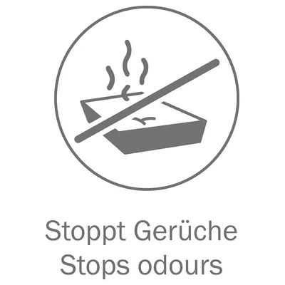 Stoppt Gerüche, Stops odours. Teksti saksaksi ja englanniksi, symboli jossa viivoitettu hajua kuvaava laatikko.