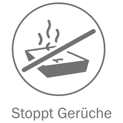 Symbol mit durchgestrichener Katzentoilette und Text 'Stoppt Gerüche'.