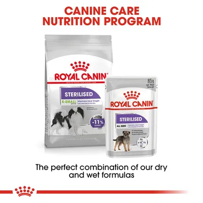 ROYAL CANIN STERILISED X-SMALL dry food and STERILISED ALL SIZES wet food pouches, visible text: Maintains ideal weight, -11% calories, 85g. Canine Care Nutrition Program.