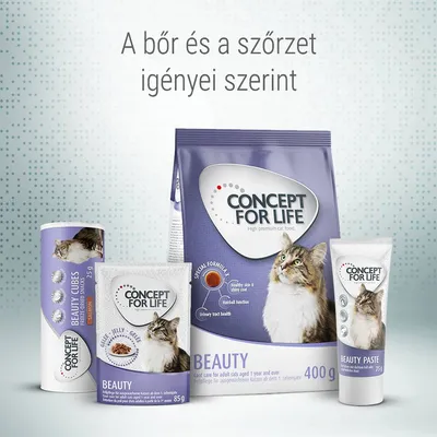 Concept for Life Beauty macskaeledel csomagolások: 400 g táp, 85 g alutasak, 75 g paszta, 75 g jutalomfalat. Felirat: A bőr és a szőrzet igényei szerint.
