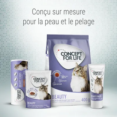 Gamme Concept for Life Beauty pour chats adultes, visible : croquettes 400 g, cubes 75 g, gelée 85 g, pâte 75 g. Texte : Conçu sur mesure pour la peau et le pelage.