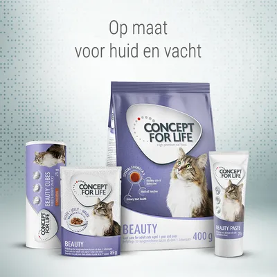 Concept for Life Beauty kattenvoer en snacks, zichtbaar: zak 400 g, beauty cubes 25 g, natvoer 85 g, beauty paste 75 g. Tekst: Op maat voor huid en vacht.
