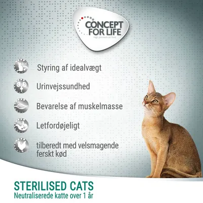 CONCEPT FOR LIFE. Styring af idealvægt, urinvejssundhed, bevarelse af muskelmasse, letfordøjeligt, tilberedt med velsmagende ferskt kød. STERILISED CATS Neutraliserede katte over 1 år.