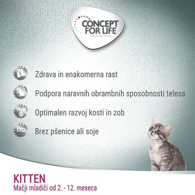 CONCEPT FOR LIFE. Zdrava in enakomerna rast, podpora naravnih obrambnih sposobnosti telesa, optimalen razvoj kosti in zob, brez pšenice ali soje. KITTEN, mačji mladiči od 2.–12. meseca.