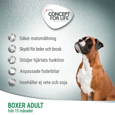 Concept for Life Boxer Adult från 15 månader. Säker matsmältning, skydd för leder och brosk, stödjer hjärtats funktion, anpassade foderbitar, innehåller ej vete och soja.