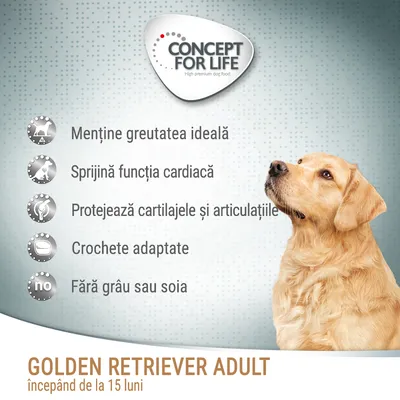 Concept for Life. Menține greutatea ideală, sprijină funcția cardiacă, protejează cartilajele și articulațiile, crochete adaptate, fără grâu sau soia. Golden Retriever Adult de la 15 luni.