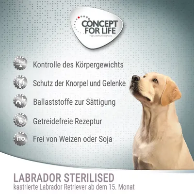 Concept for Life Labrador Sterilised. Painonhallinta, rustojen ja nivelten suoja, kuituja kylläisyyteen, viljaton resepti, ei sisällä vehnää tai soijaa.