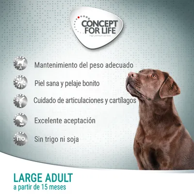 Concept for Life. Mantenimiento del peso adecuado, piel sana y pelaje bonito, cuidado de articulaciones y cartílagos, excelente aceptación, sin trigo ni soja. Large Adult a partir de 15 meses.