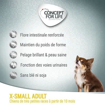 Concept for Life X-Small Adult, chiens de très petites races dès 10 mois. Flore intestinale renforcée, maintien du poids, pelage brillant, fonction urinaire, sans blé ni soja.