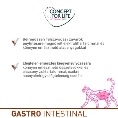 CONCEPT FOR LIFE VETERINARY DIET. Bélrendszeri felszívódási zavarok enyhítésére, elégtelen emésztés kiegyensúlyozására. GASTRO INTESTINAL. Macska grafika.