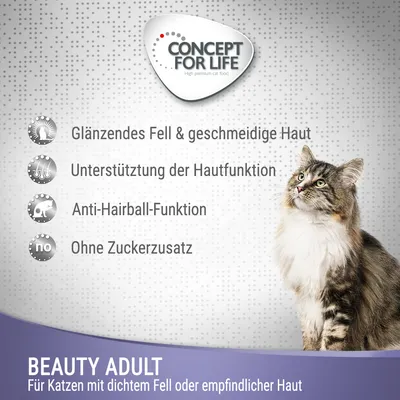 Concept for Life Beauty Adult. Блестящая шерсть, поддержка функции кожи, против образования комков шерсти, без добавления сахара. Для кошек с густой шерстью или чувствительной кожей.