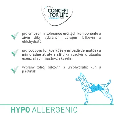 CONCEPT FOR LIFE VETERINARY DIET. Omezení intolerance složek, podpora kůže při dermatóze a ztrátě srsti, zdroj bílkovin a sacharidů: kůň a pastinák. HYPO ALLERGENIC.