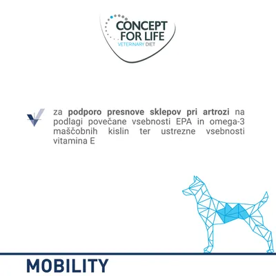 CONCEPT FOR LIFE VETERINARY DIET. Za podporo presnove sklepov pri artrozi na podlagi povečane vsebnosti EPA, omega-3 maščobnih kislin in vitamina E. MOBILITY.