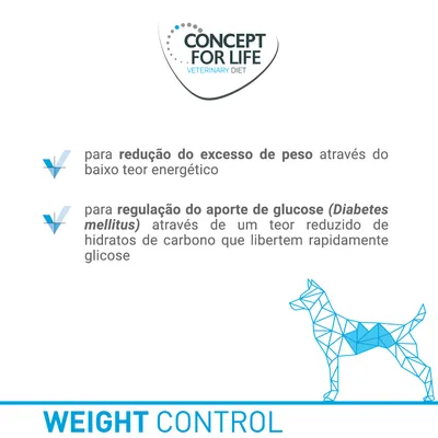 Concept for Life Veterinary Diet. Para redução do excesso de peso e regulação do aporte de glucose (Diabetes mellitus). Weight Control.