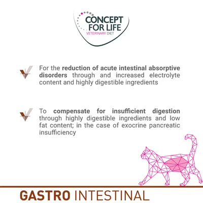 CONCEPT FOR LIFE VETERINARY DIET. For the reduction of acute intestinal absorptive disorders. To compensate for insufficient digestion. GASTRO INTESTINAL. Tekst na engleskom jeziku.