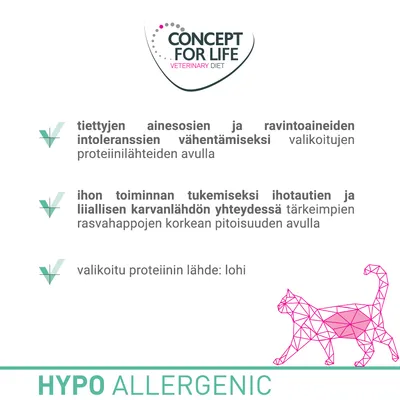 CONCEPT FOR LIFE VETERINARY DIET. tiettyjen ainesosien ja ravintoaineiden intoleranssien vähentämiseksi, ihon toiminnan tukemiseksi, valikoitu proteiinin lähde: lohi. HYPO ALLERGENIC.