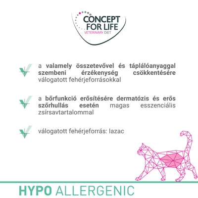 CONCEPT FOR LIFE VETERINARY DIET, HYPO ALLERGENIC. Valamely összetevővel és tápanyaggal szembeni érzékenység csökkentésére, bőr funkció erősítésére, fehérjeforrás: lazac.