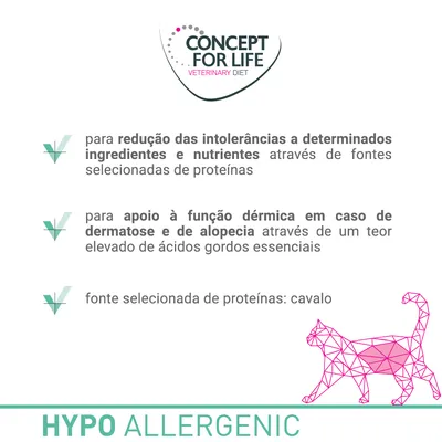 Concept for Life Veterinary Diet. Redução das intolerâncias a determinados ingredientes e nutrientes, apoio à função dérmica em caso de dermatoses e alopecia, proteína: cavalo. HYPO ALLERGENIC.