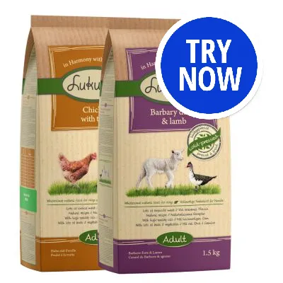 Two bags of adult pet food, one labelled 'Chicken with trout', the other 'Barbary duck & lamb', with a blue circle showing 'TRY NOW' in white text.