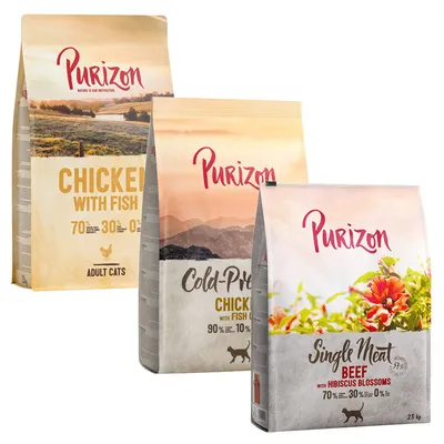 Purizon Trockenfutter für Katzen: Chicken with Fish, Cold-Pressed Chicken with Fish, Single Meat Beef with Hibiscus Blossoms. Proteinanteil 70%-90%, Fettanteil 10%-30%, ohne Getreide.
