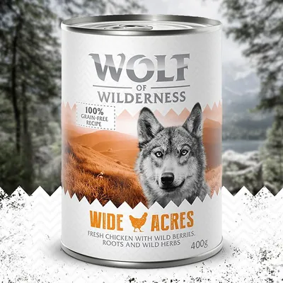 Wolf of Wilderness Wide Acres dåse 400 g, 100% grain-free recipe, fresh chicken with wild berries, roots and wild herbs. Billede af ulv på etiketten.