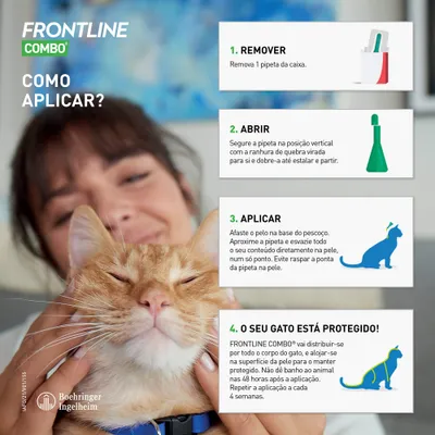Instruções de aplicação do FRONTLINE Combo para gatos: remover pipeta, abrir, aplicar na base do pescoço e informação sobre proteção. Marca Boehringer Ingelheim visível.