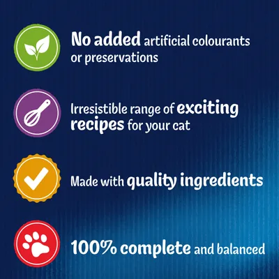 No added artificial colourants or preservations. Irresistible range of exciting recipes for your cat. Made with quality ingredients. 100% complete and balanced.