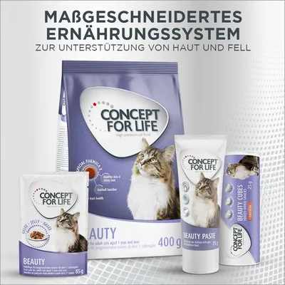 Concept for Life Beauty. Massgeschneidertes Ernährungssystem zur Unterstützung von Haut und Fell. Produkte: Trockenfutter 400g, Nassfutter 85g, Beauty Paste 75g, Beauty Cubes 25g.